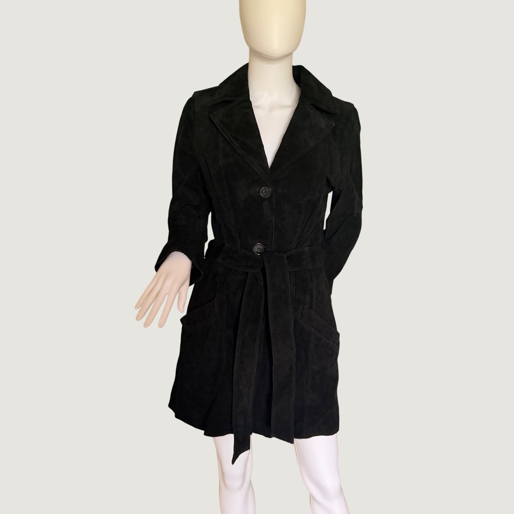 NWT Dennis Basso Black Genuine Suede Leather Trench Coat Washable Belted NWT S
